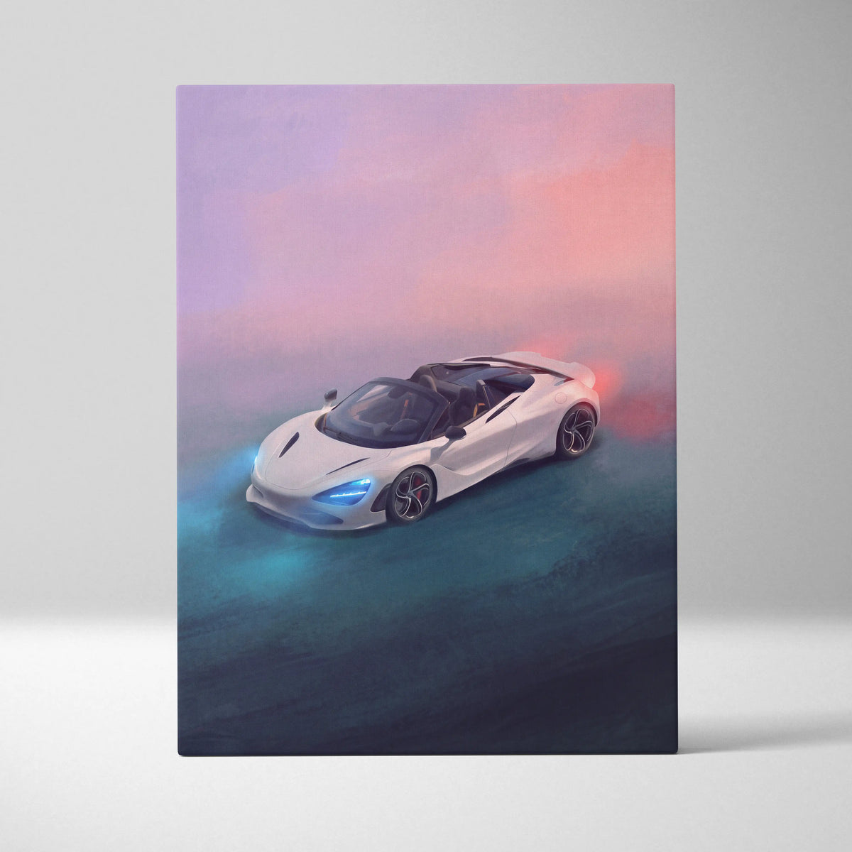 White McLaren 720S spider inspired canvas art featuring a convertible sports car with glowing blue headlights and black wheels