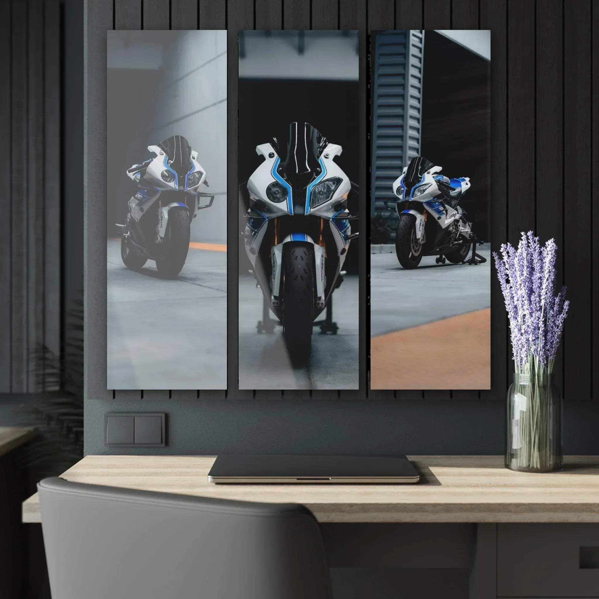 BMW S1000RR motorcycle canvas wall art in three vertical panels with city background and sleek black frame.