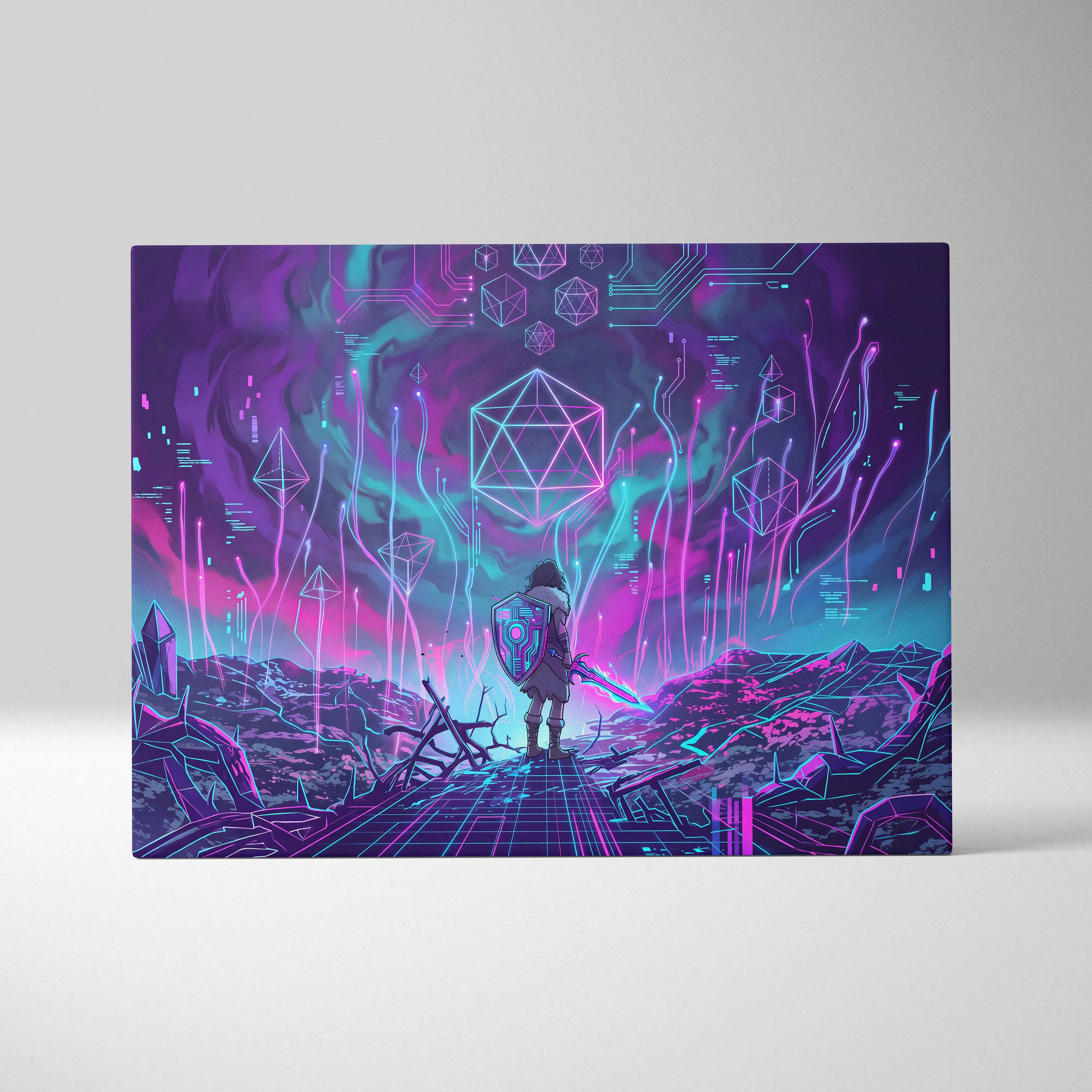 Vaporwave Neon Fantasy Canvas - Cyber Warrior Neon Pink Cyan Living Room Vaporwave Dreamy Surreal Mood Canvas Print