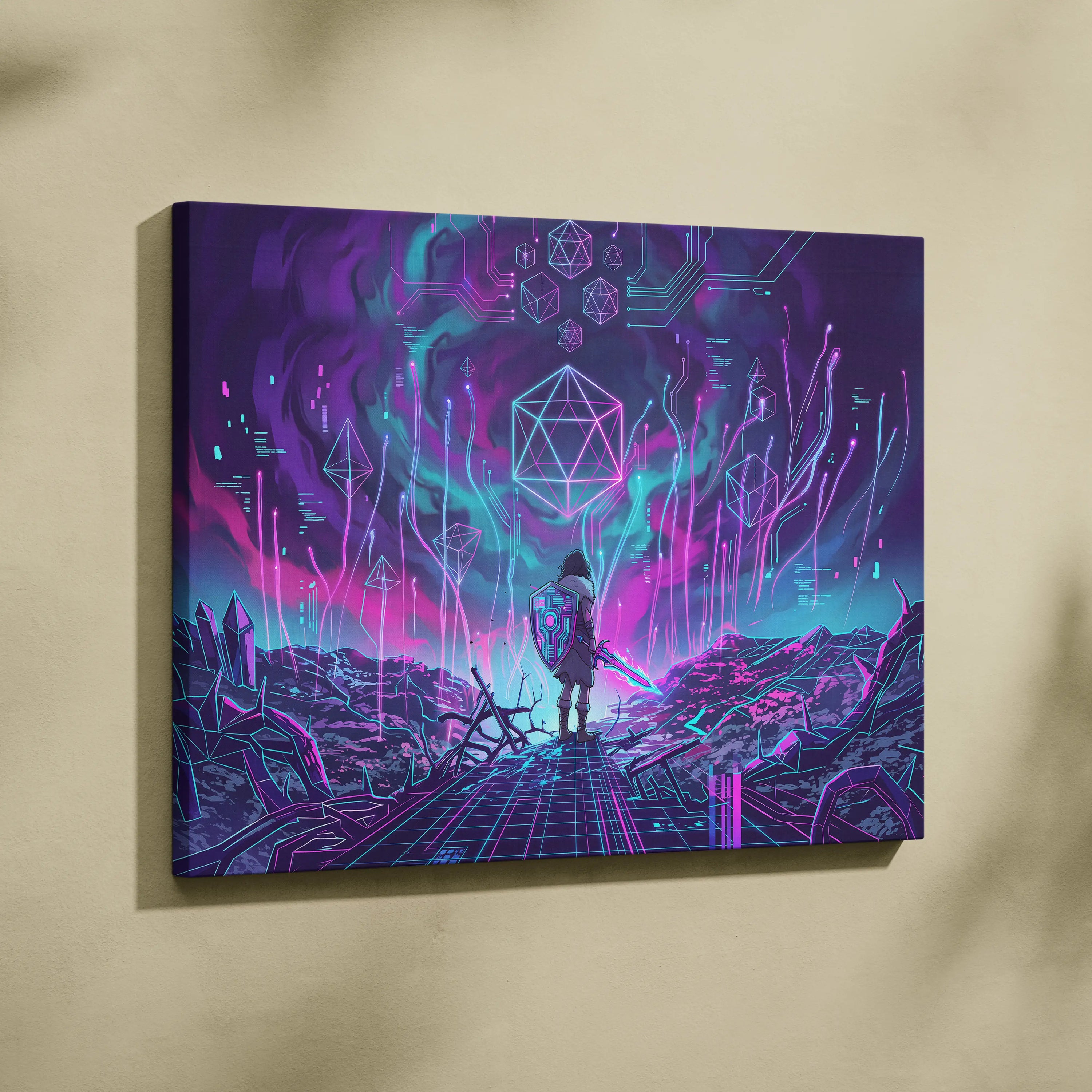 Vaporwave Neon Fantasy Canvas - Cyber Warrior Neon Pink Cyan Living Room Vaporwave Dreamy Surreal Mood Canvas Print