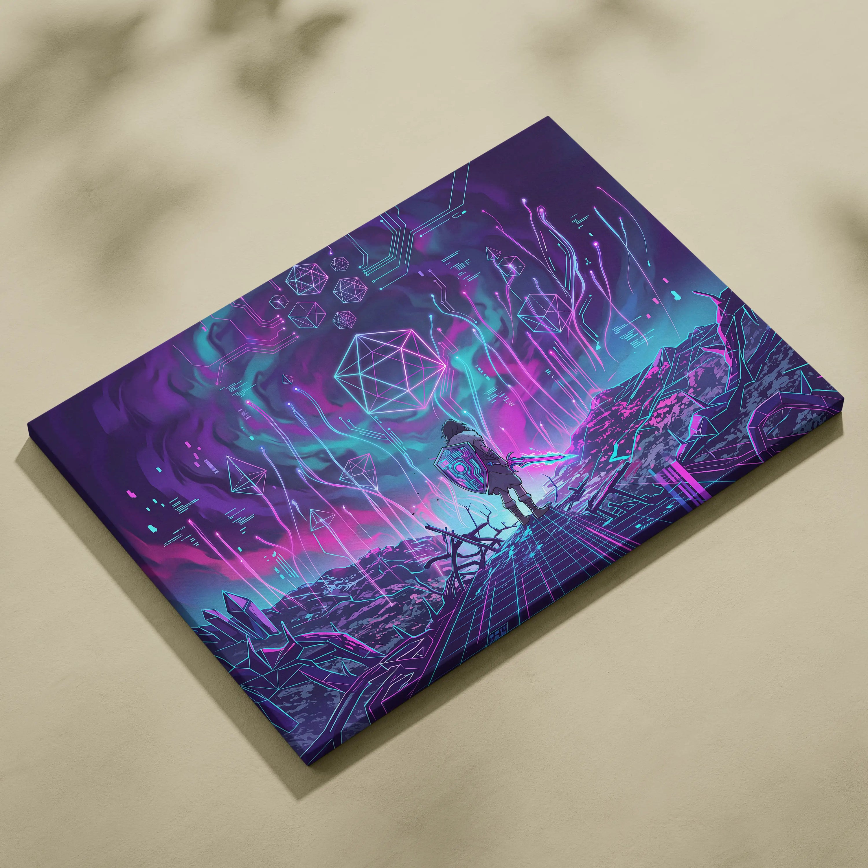 Vaporwave Neon Fantasy Canvas - Cyber Warrior Neon Pink Cyan Living Room Vaporwave Dreamy Surreal Mood Canvas Print