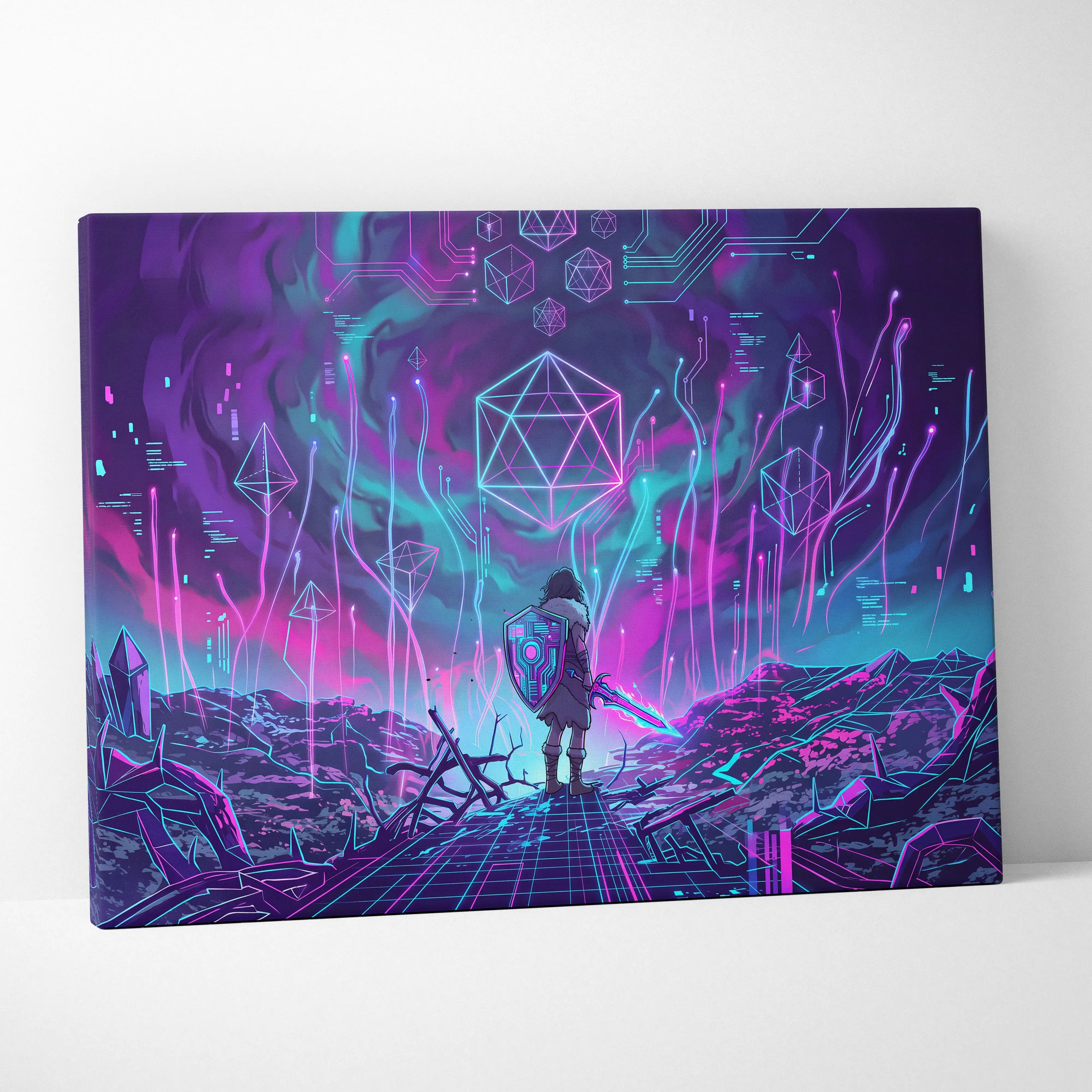 Vaporwave Neon Fantasy Canvas - Cyber Warrior Neon Pink Cyan Living Room Vaporwave Dreamy Surreal Mood Canvas Print