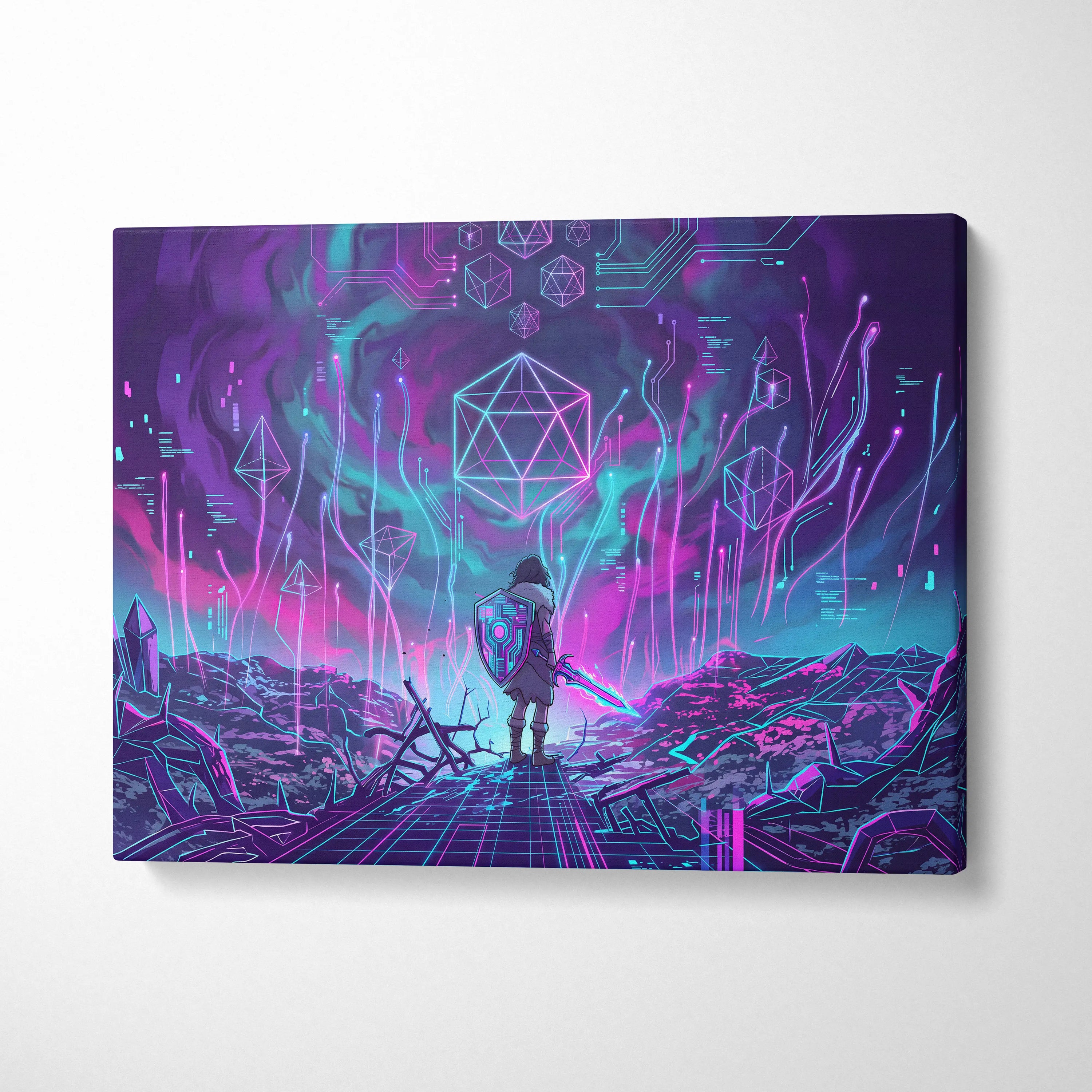 Vaporwave Neon Fantasy Canvas - Cyber Warrior Neon Pink Cyan Living Room Vaporwave Dreamy Surreal Mood Canvas Print