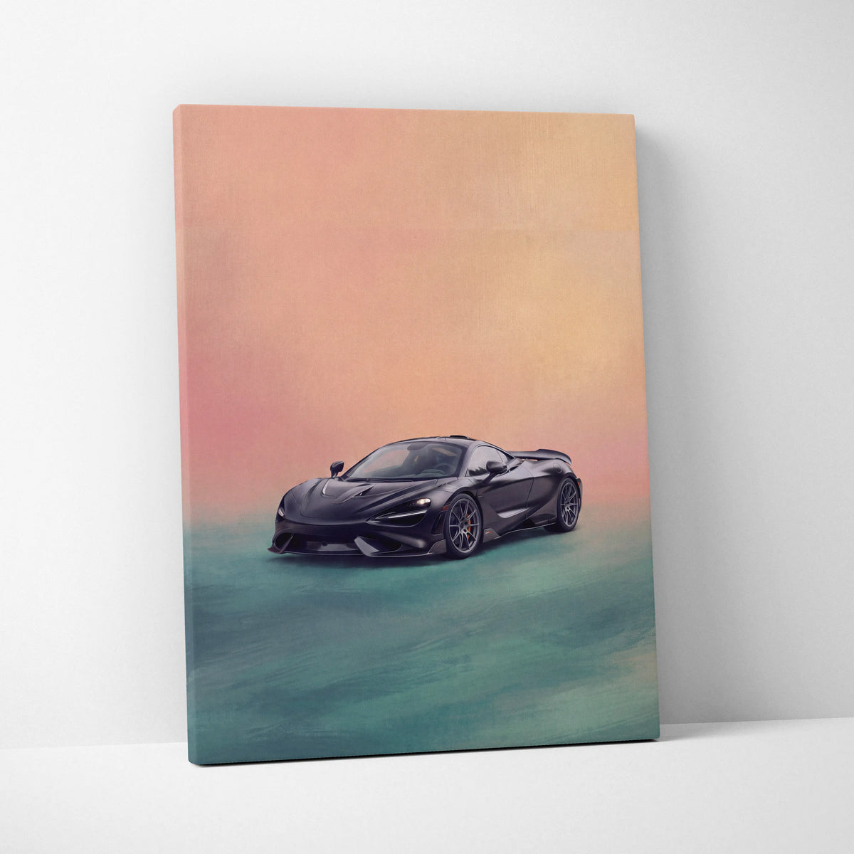 Black McLaren 720s sports car stylized painting on canvas with peach and teal gradient sky track edition print
