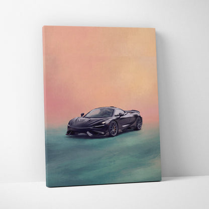 Black McLaren 720s sports car stylized painting on canvas with peach and teal gradient sky track edition print