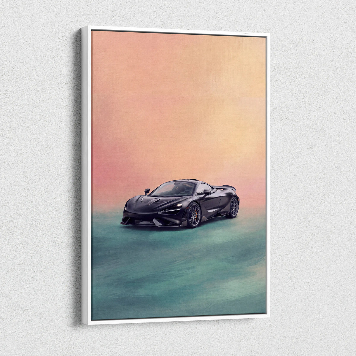 Black mclaren 720s sports car illustration in white frame on canvas print for track edition car wall art decor