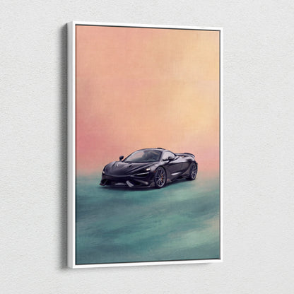 Black mclaren 720s sports car illustration in white frame on canvas print for track edition car wall art decor
