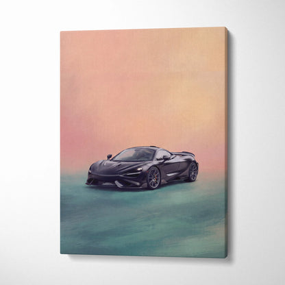 Black mclaren 720s sports car canvas painting print with gradient pink and teal background track edition wall art