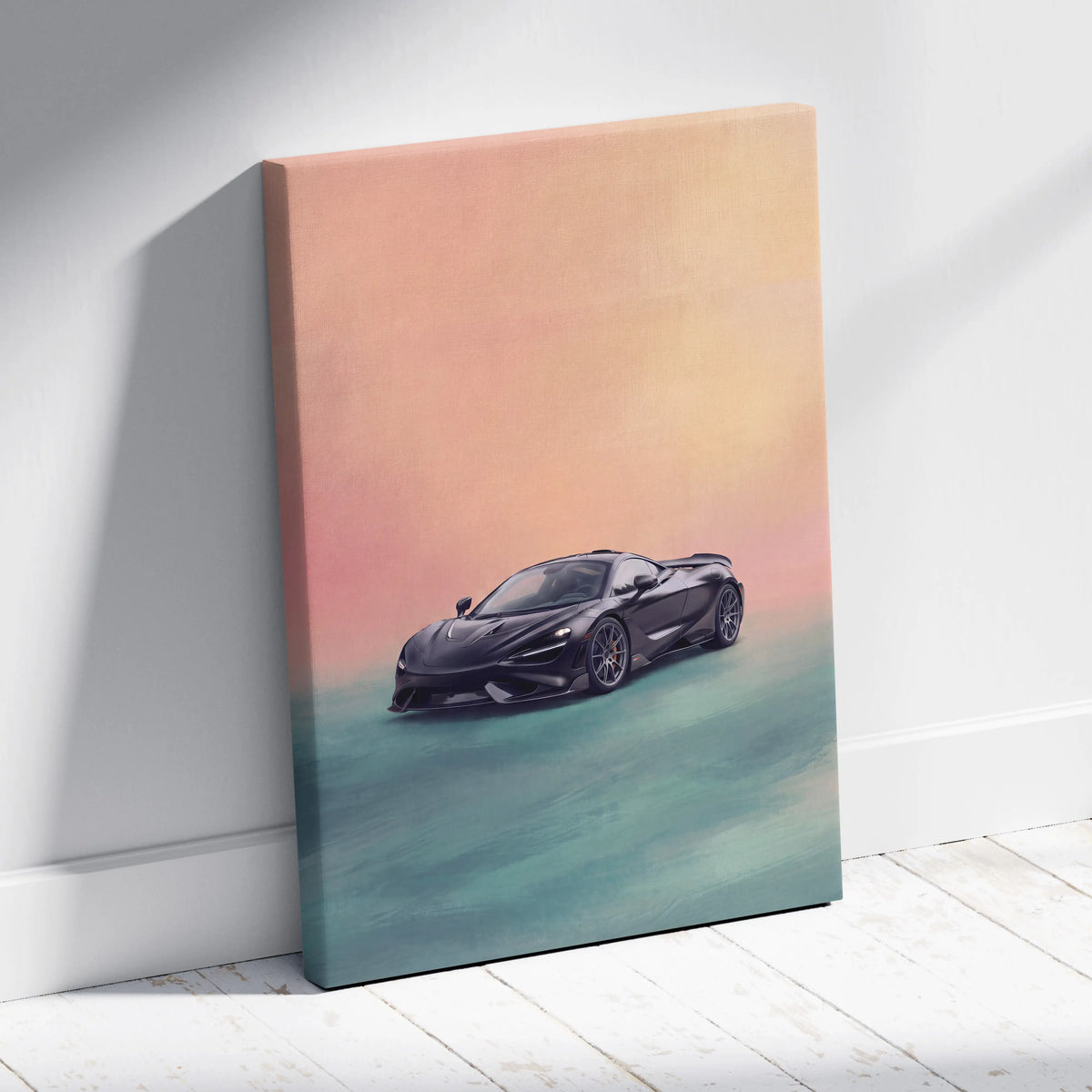 Black mclaren 720s sports car canvas painting print with gradient sunset and ocean backdrop track edition wall art