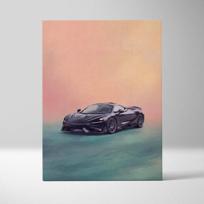 McLaren 720S inspired car wall art canvas painting featuring a black sports car with sleek lines on peach teal background