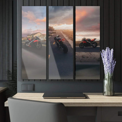 Aprilia RSV4 1100 Factory motorcycle canvas art triptych with sunset beach background wall art.