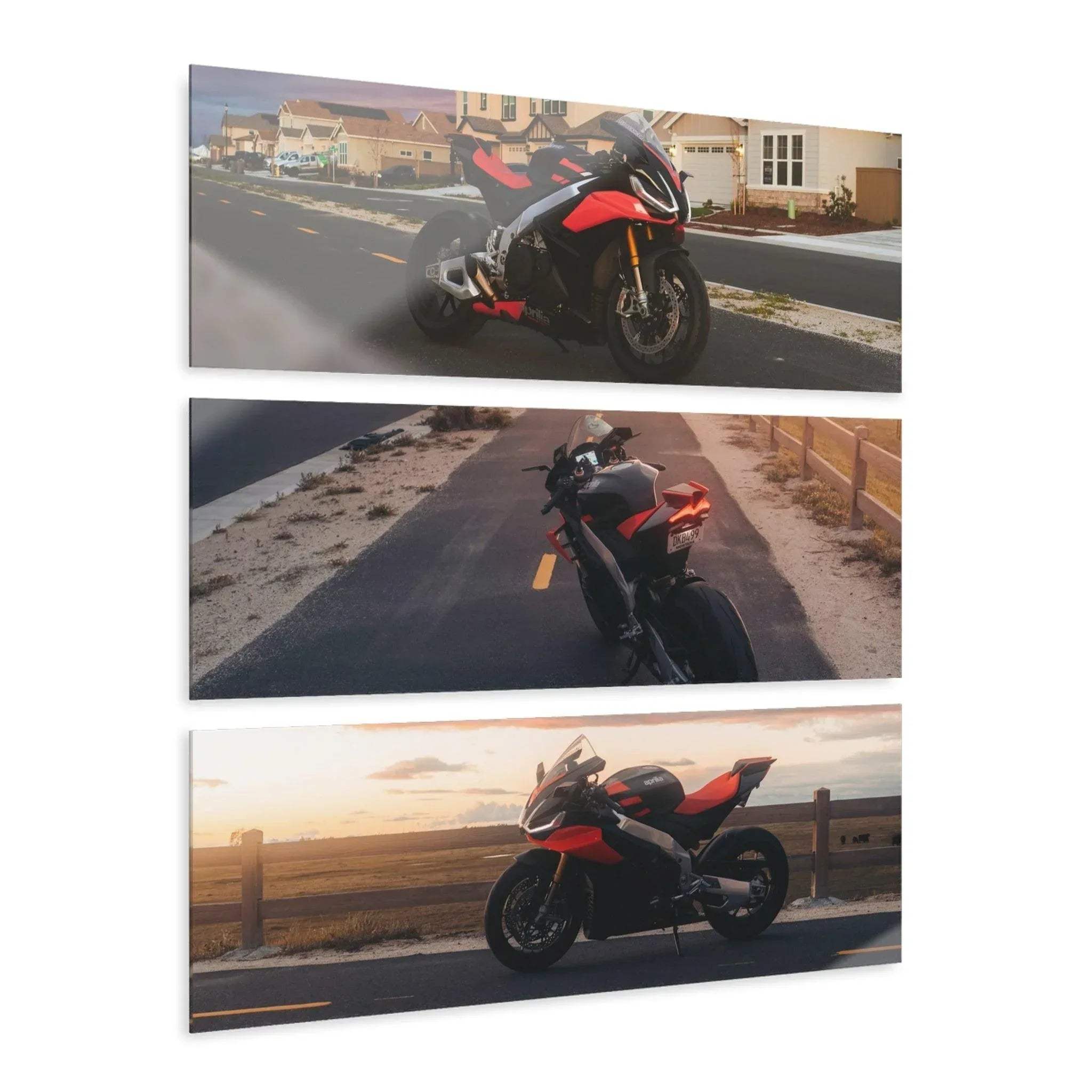 Three-piece acrylic canvas art featuring red and black Aprilia RSV4 1100 Factory motorcycle on scenic roads, modern wall art.