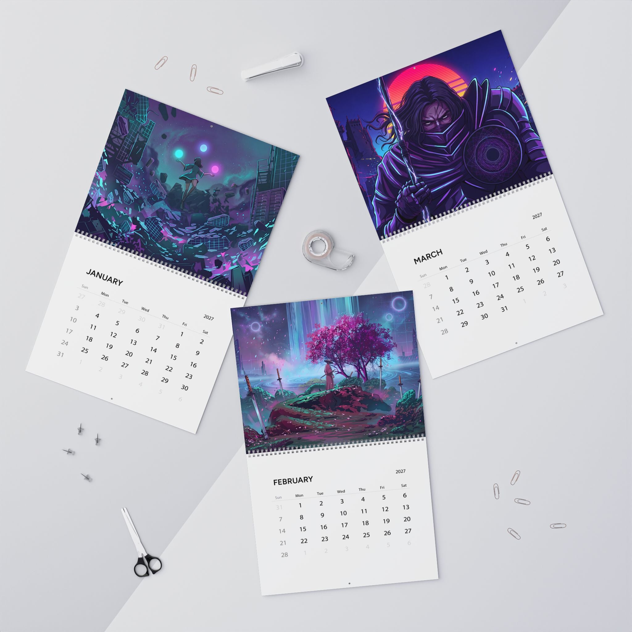2027 Vaporwave Fantasy Wall Calendar – Colorful Neon Artwork & Dreamlike Fantasy Designs