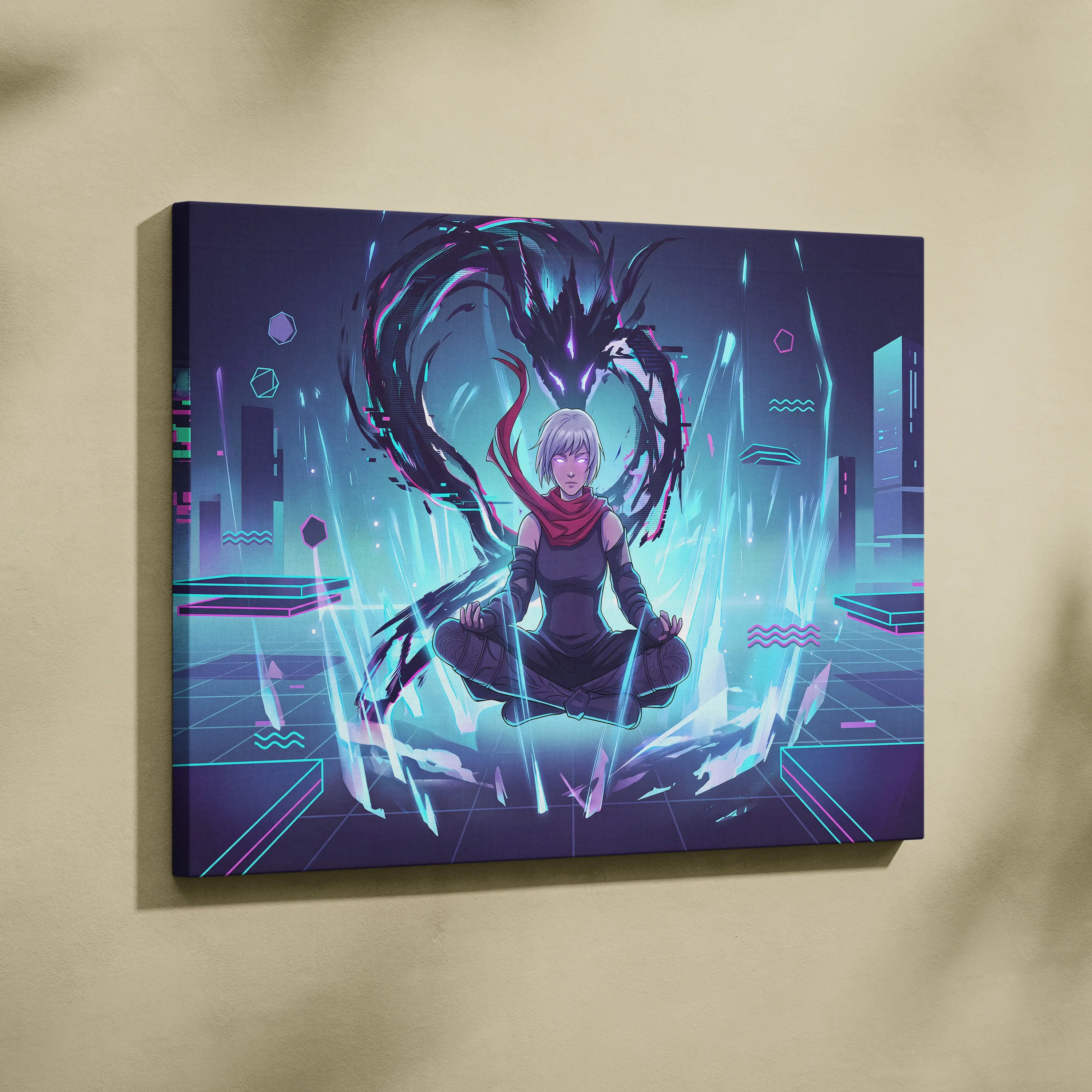Vaporwave Neon Dragon Canvas - Dragon Purple Teal Living Room Vaporwave Mysterious Mood Futuristic Decor Anime Canvas