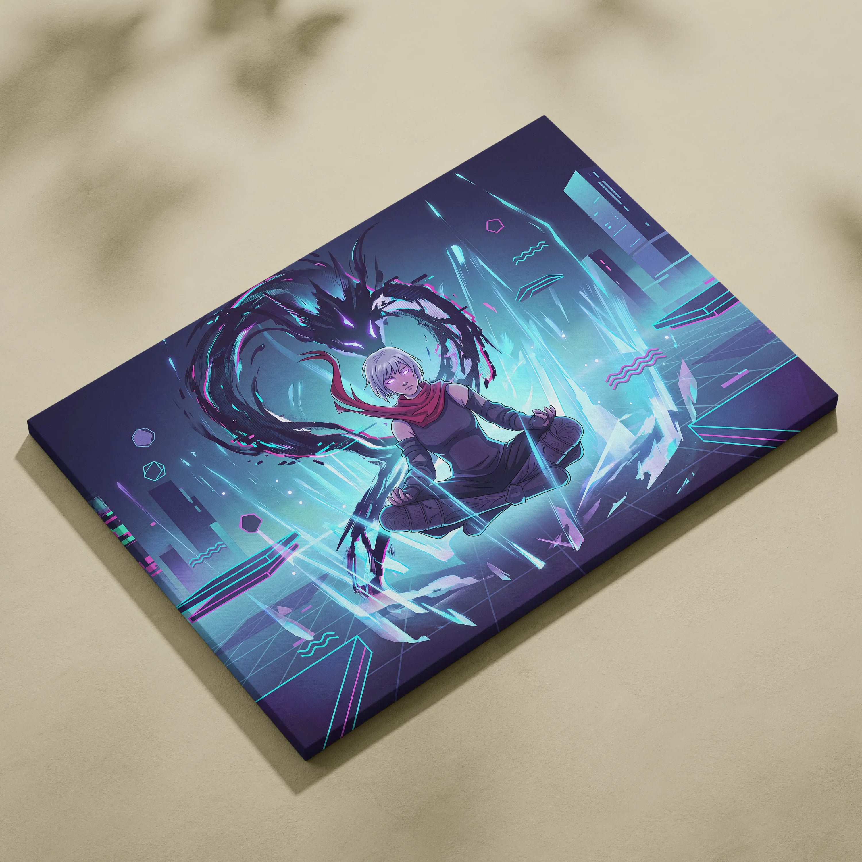Vaporwave Neon Dragon Canvas - Dragon Purple Teal Living Room Vaporwave Mysterious Mood Futuristic Decor Anime Canvas