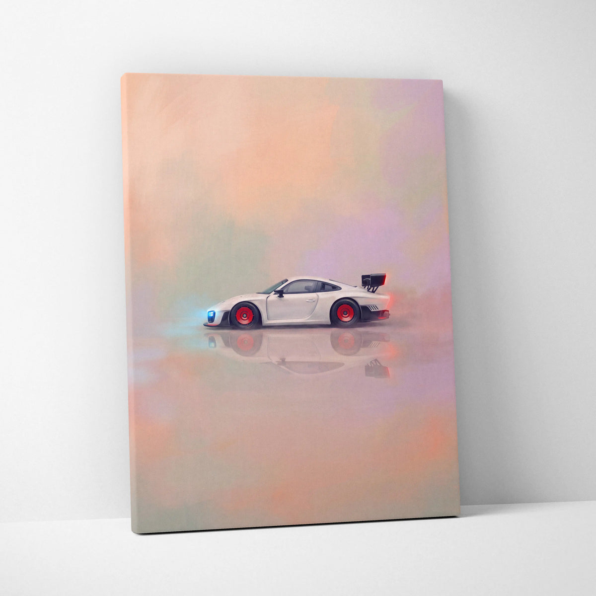 Porsche 935 inspired automotive wall art featuring a white porsche 911 with red rims and black rear spoiler on canvas