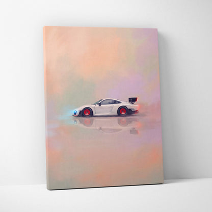 Porsche 935 inspired automotive wall art featuring a white porsche 911 with red rims and black rear spoiler on canvas