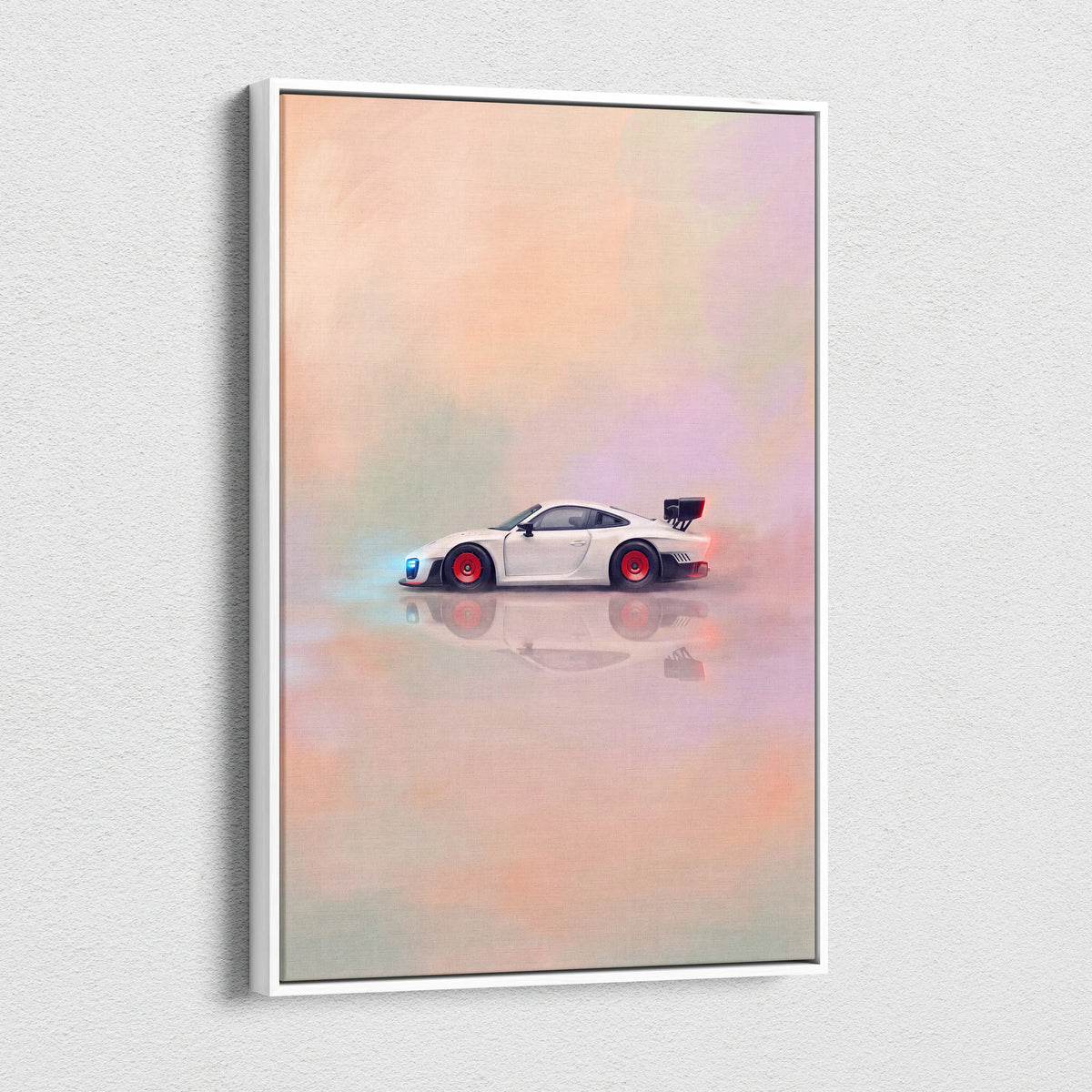 Porsche 935 inspired automotive wall art featuring a white sports car with red wheels and black rear spoiler in a white frame