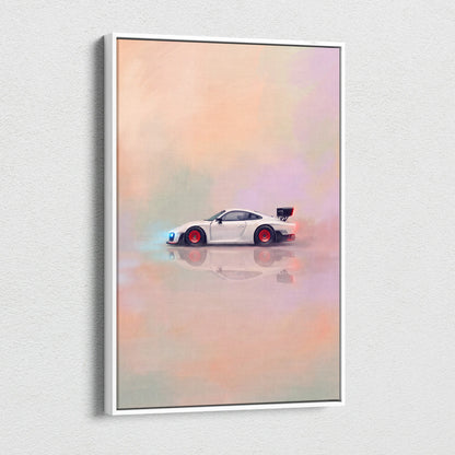 Porsche 935 inspired automotive wall art featuring a white sports car with red wheels and black rear spoiler in a white frame