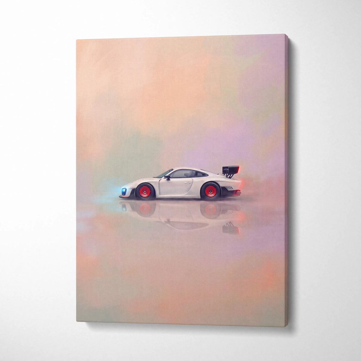 Porsche 935 inspired automotive wall art featuring a sleek white sports car with red wheels and black spoiler on canvas