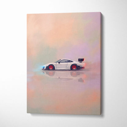 Porsche 935 inspired automotive wall art featuring a sleek white sports car with red wheels and black spoiler on canvas