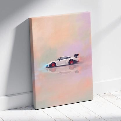 Porsche 935 inspired automotive wall art featuring a white sports car with red wheels and black rear spoiler on canvas print