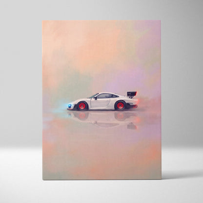 White porsche sports car with red wheels and black rear spoiler in an artistic illustration for luxury supercar wall art
