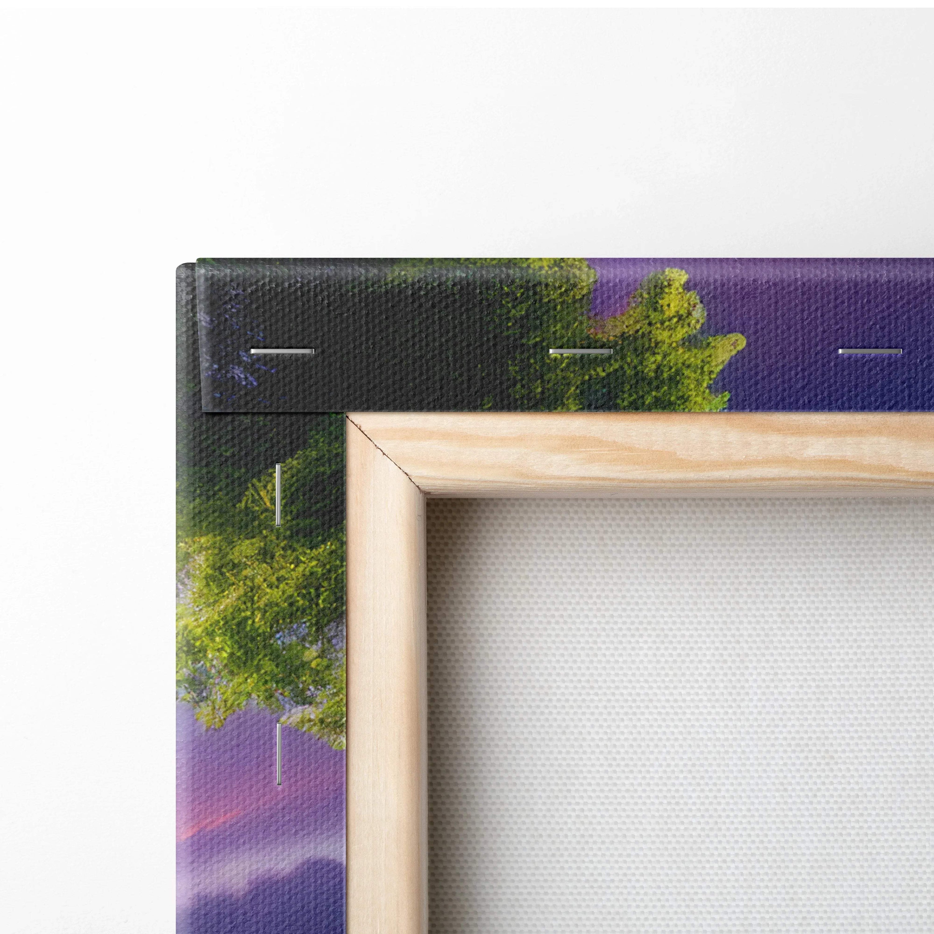 Light wood frame with Elysium Aloft canvas of green trees purple sky