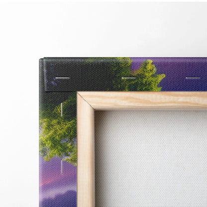 Light wood frame with Elysium Aloft canvas of green trees purple sky