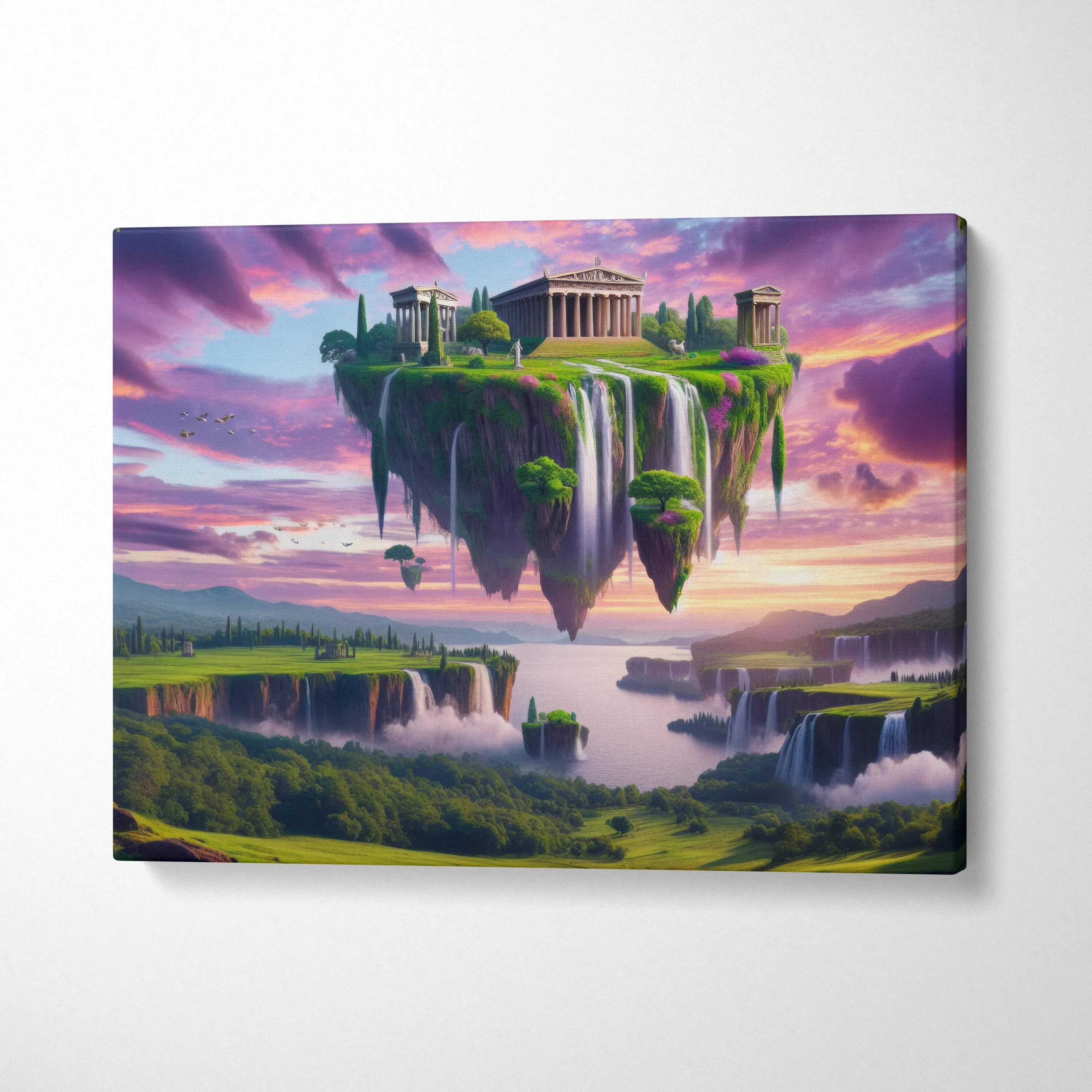 Elysium Aloft floating island canvas with temple waterfalls sunset sky