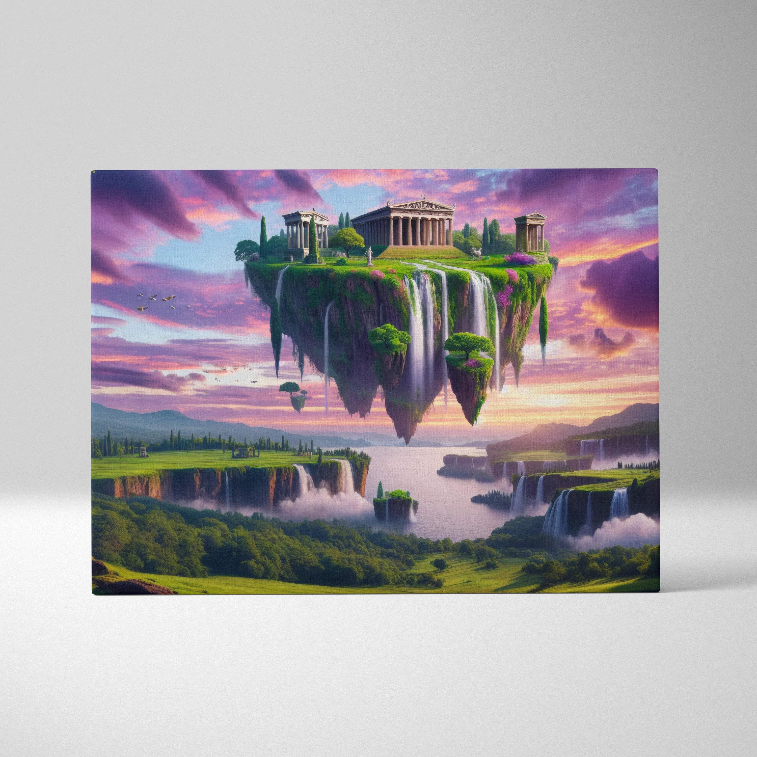 Elysium Aloft floating island canvas art with temple waterfalls violet sunset sky