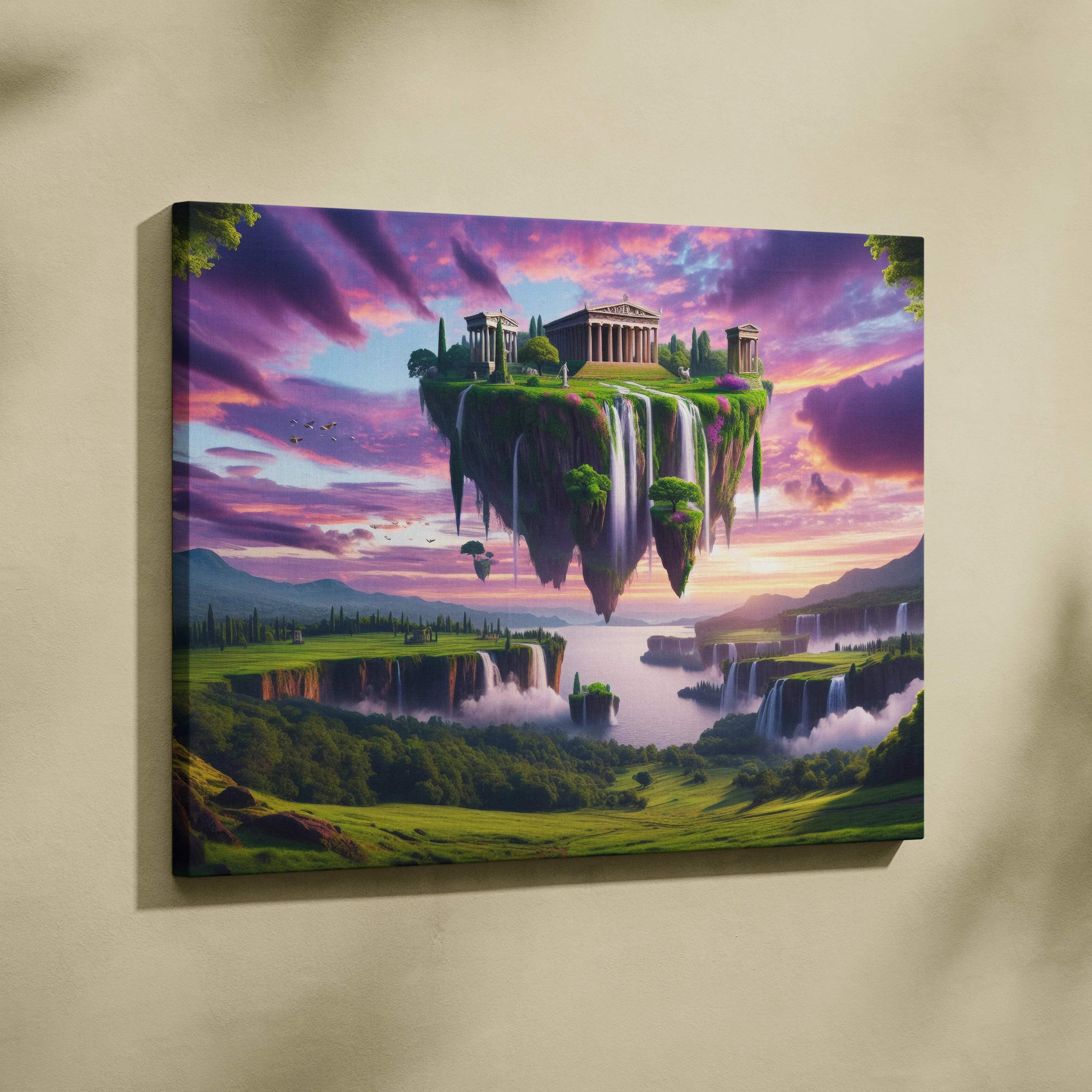 Elysium Aloft floating island canvas art with temple and waterfalls