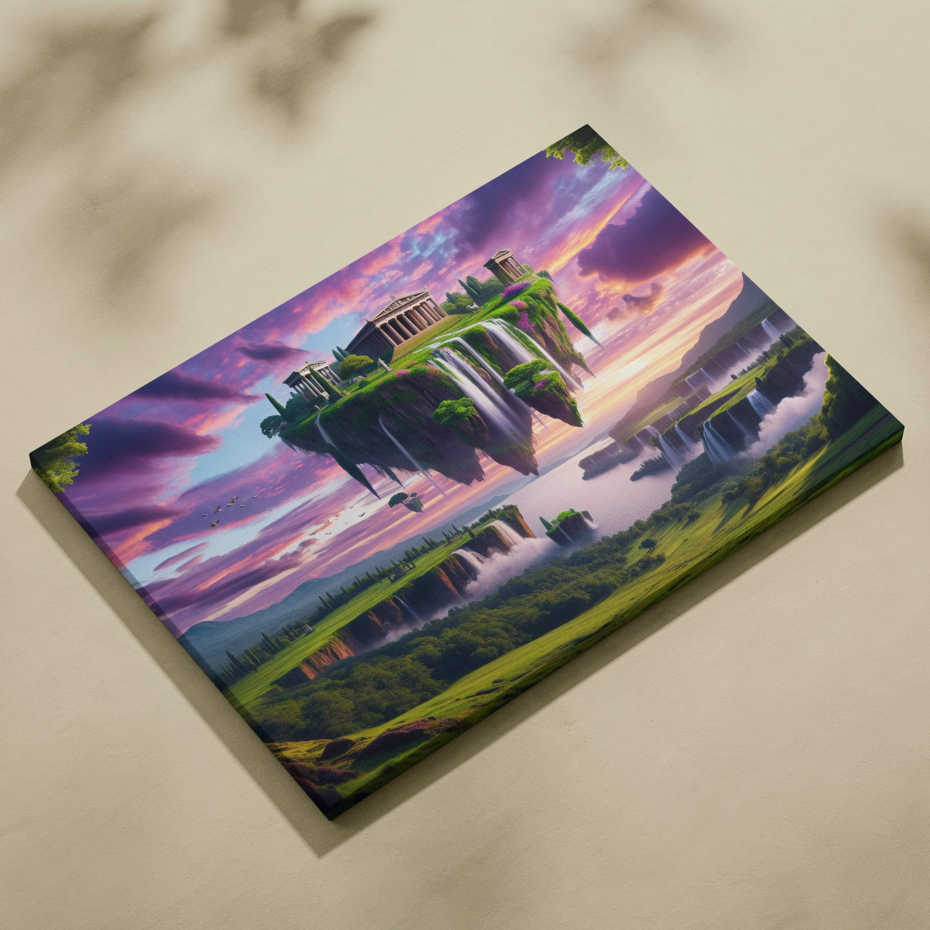 Elysium Aloft floating island canvas wall art with temples waterfalls violet sky