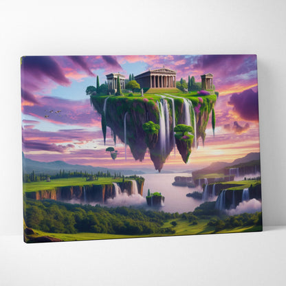 Elysium Aloft floating island canvas print with temple waterfalls violet sky
