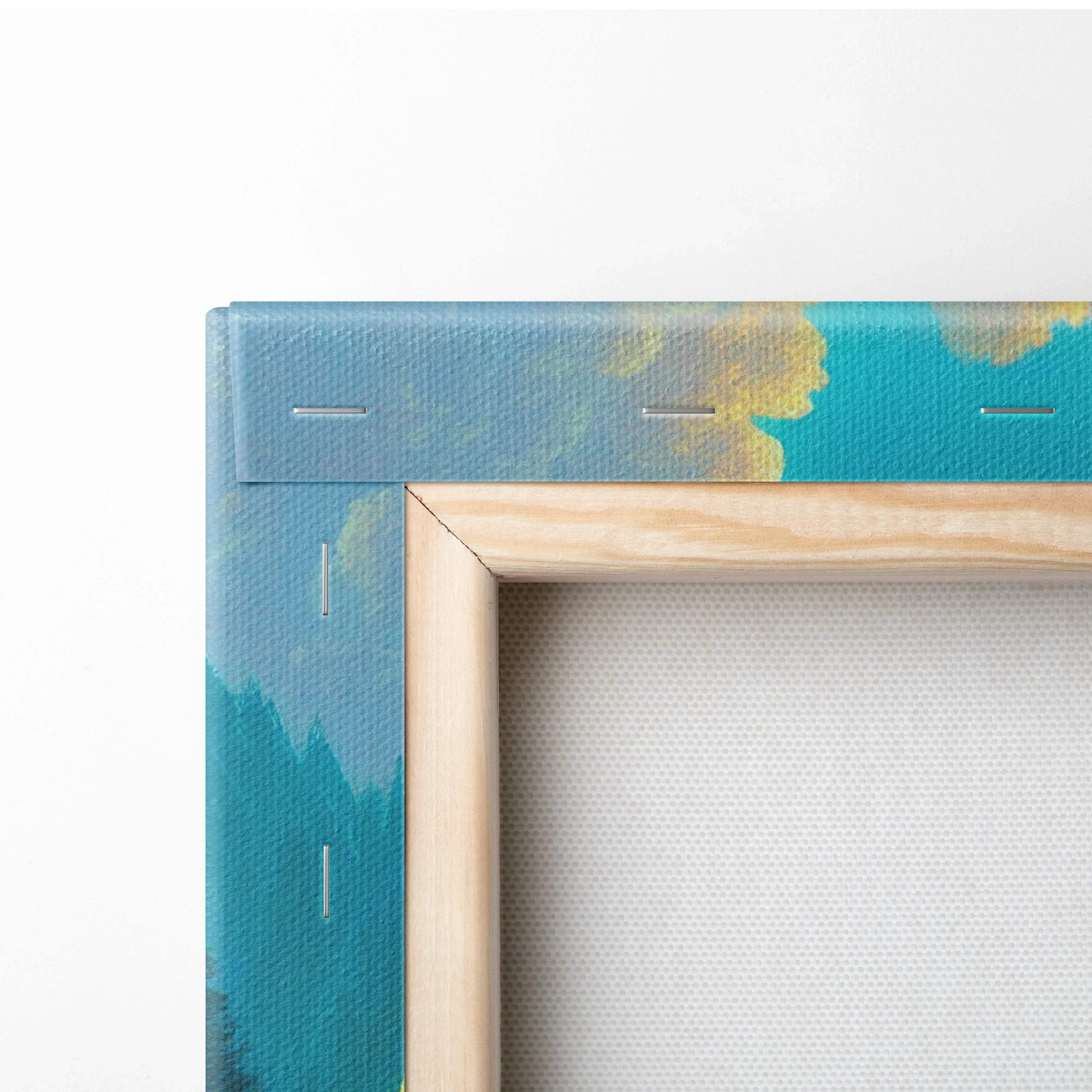 Teal yellow abstract Visionary Forest Valley canvas in light wood frame