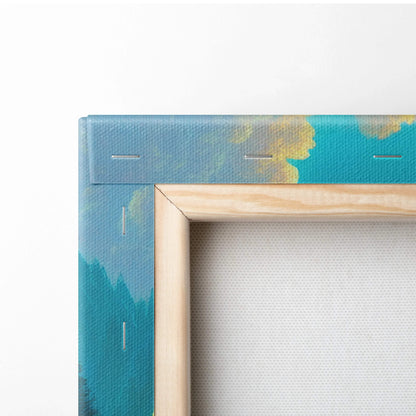 Teal yellow abstract Visionary Forest Valley canvas in light wood frame