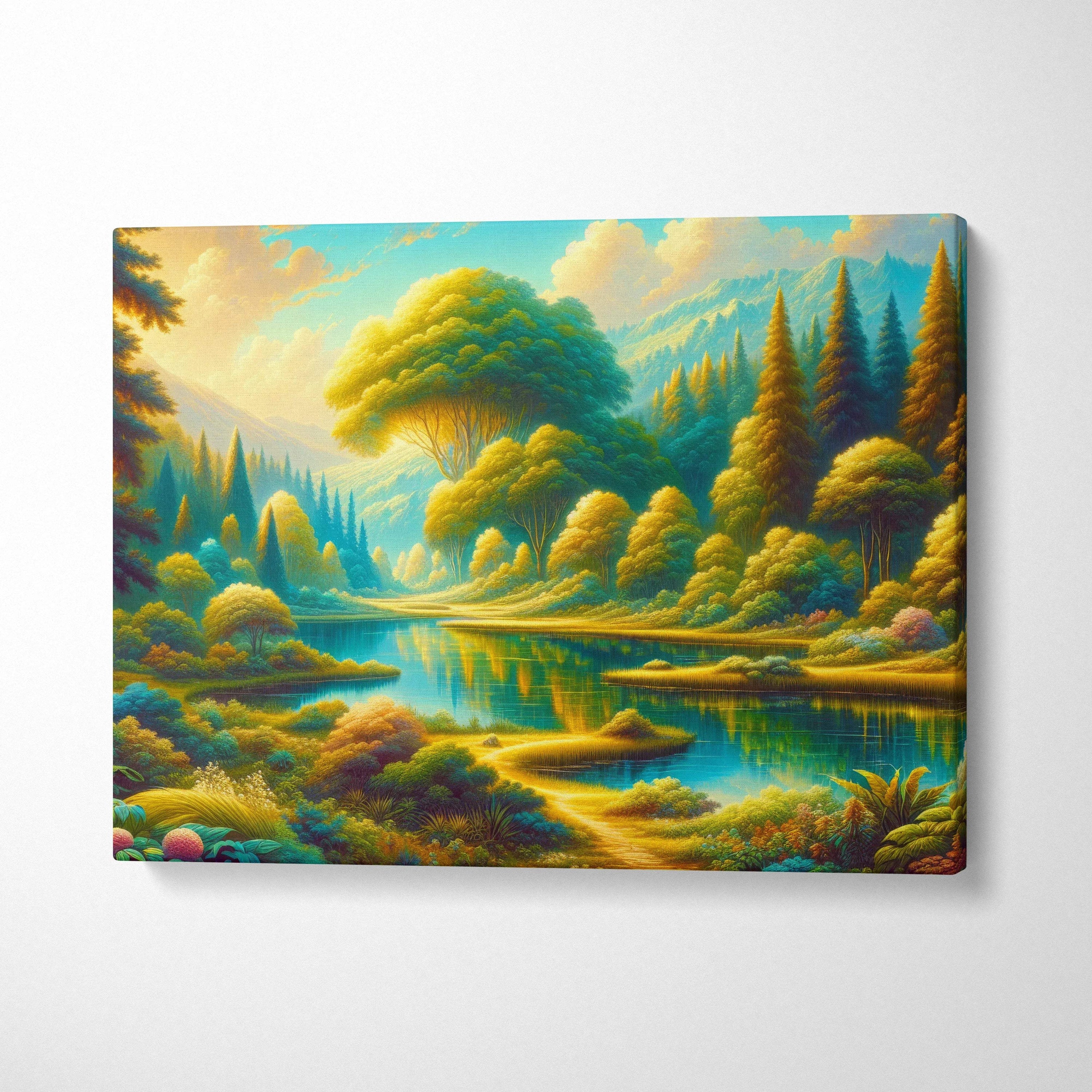 Visionary forest valley canvas art with golden light on turquoise waters and lush trees