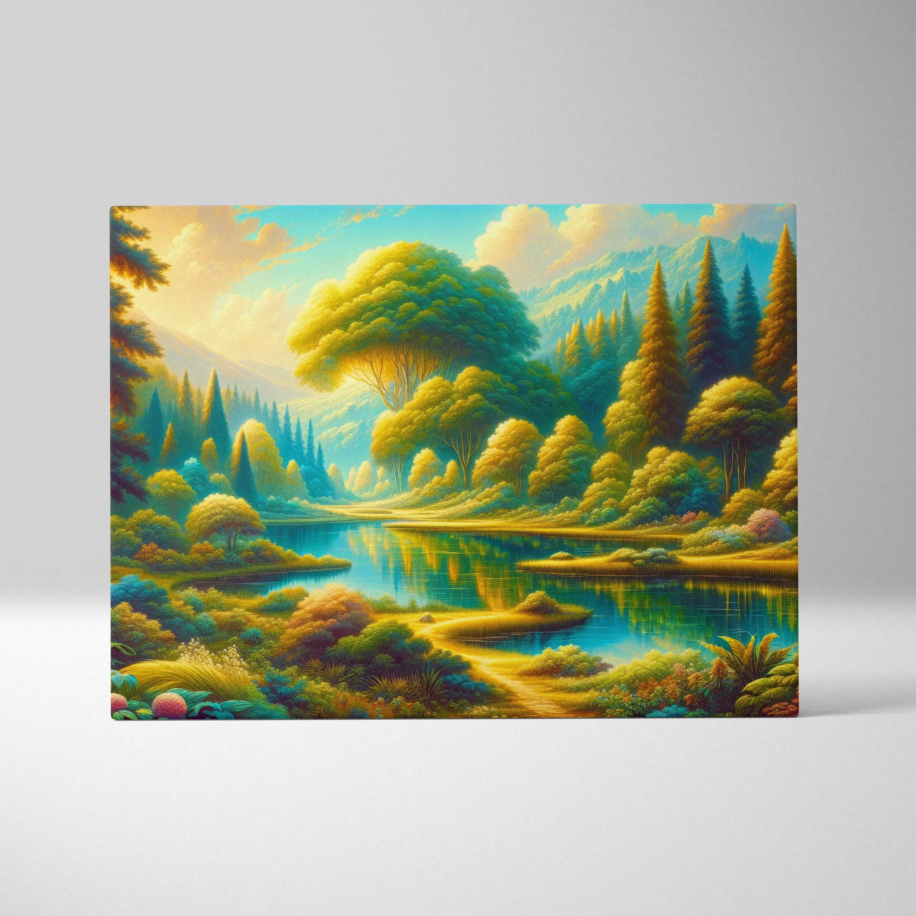 Visionary Forest Valley canvas art with golden light on turquoise waters and lush trees