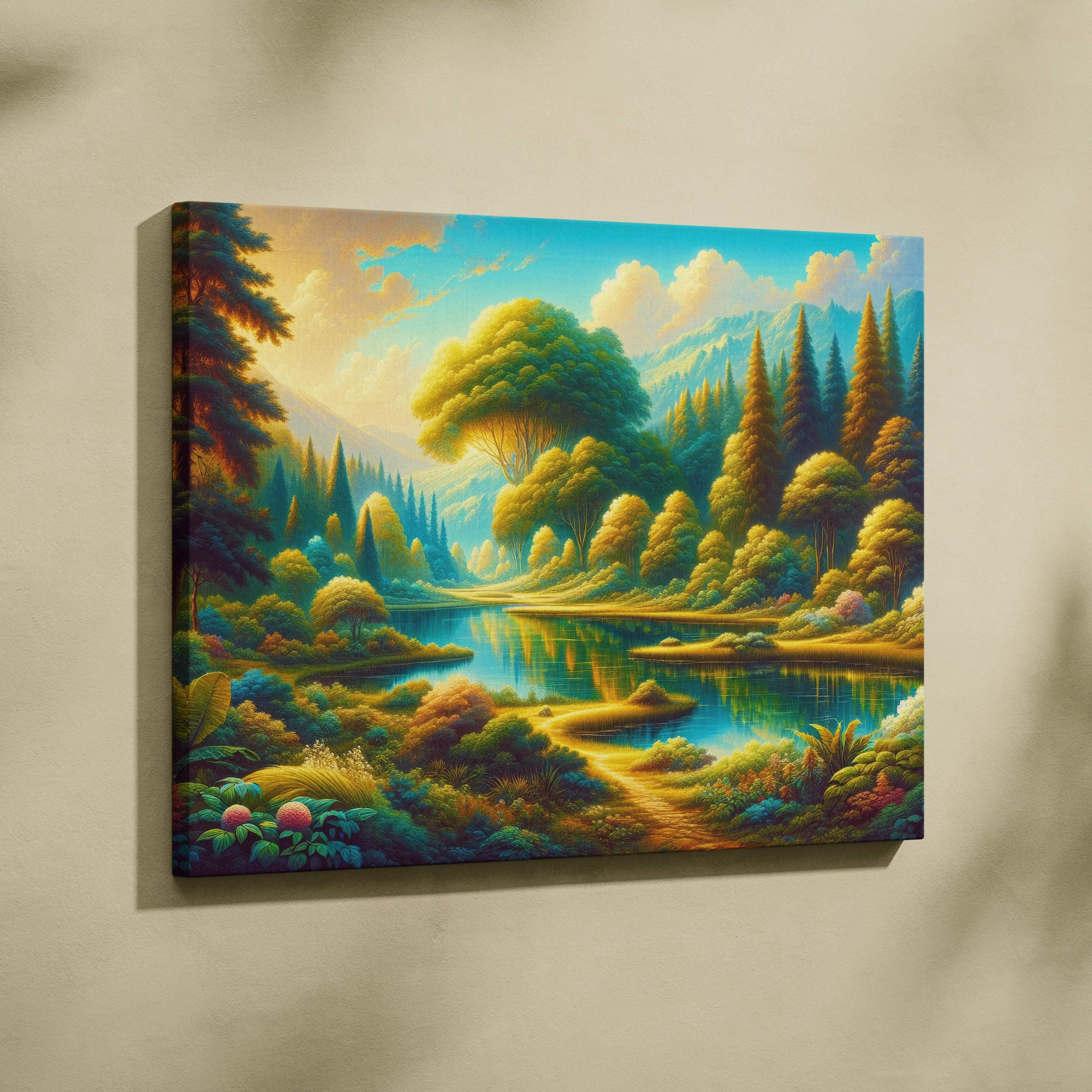 Vibrant forest valley canvas print with golden light on turquoise lake and lush trees