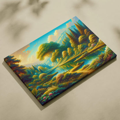 Vibrant forest valley canvas print with golden light on turquoise waters and lush trees