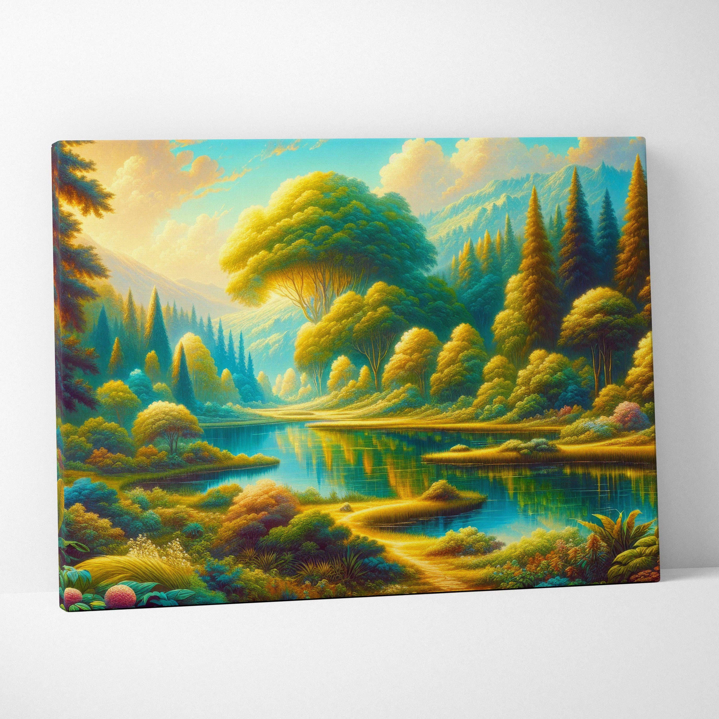 Visionary forest valley canvas art with golden light on turquoise lake