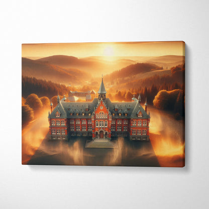 Grand red brick manor at sunset with swirling golden light in autumn misty valley canvas art