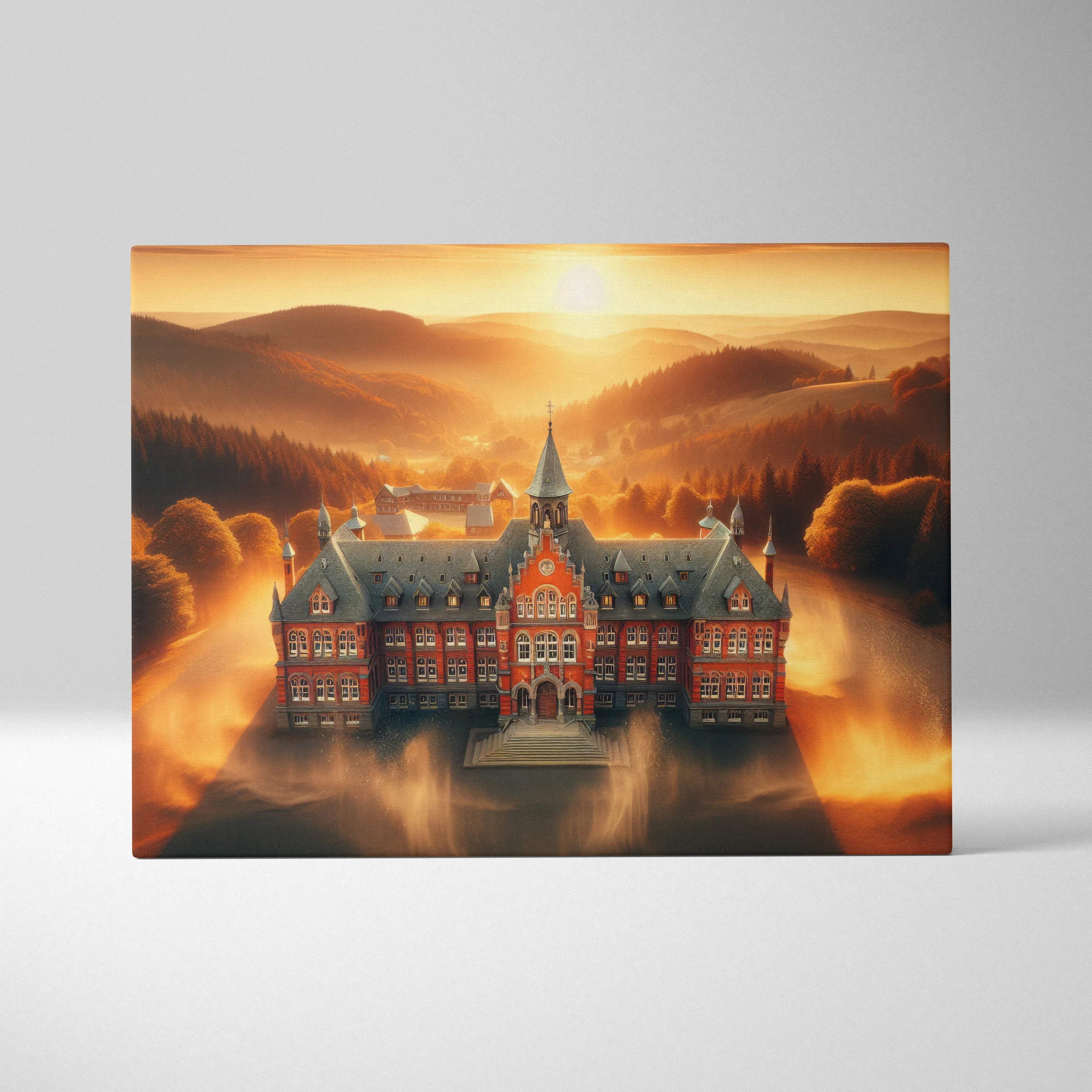 Grand red brick manor at sunset with swirling golden light in autumn misty valley canvas art