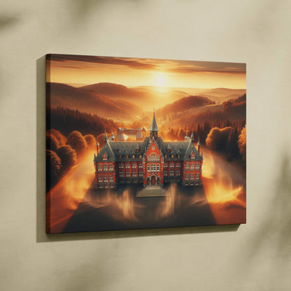 Grand red brick manor at sunset with swirling golden light in autumn misty valley canvas print