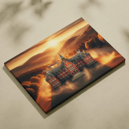 Grand red brick manor at sunset with swirling golden light in misty valley canvas art
