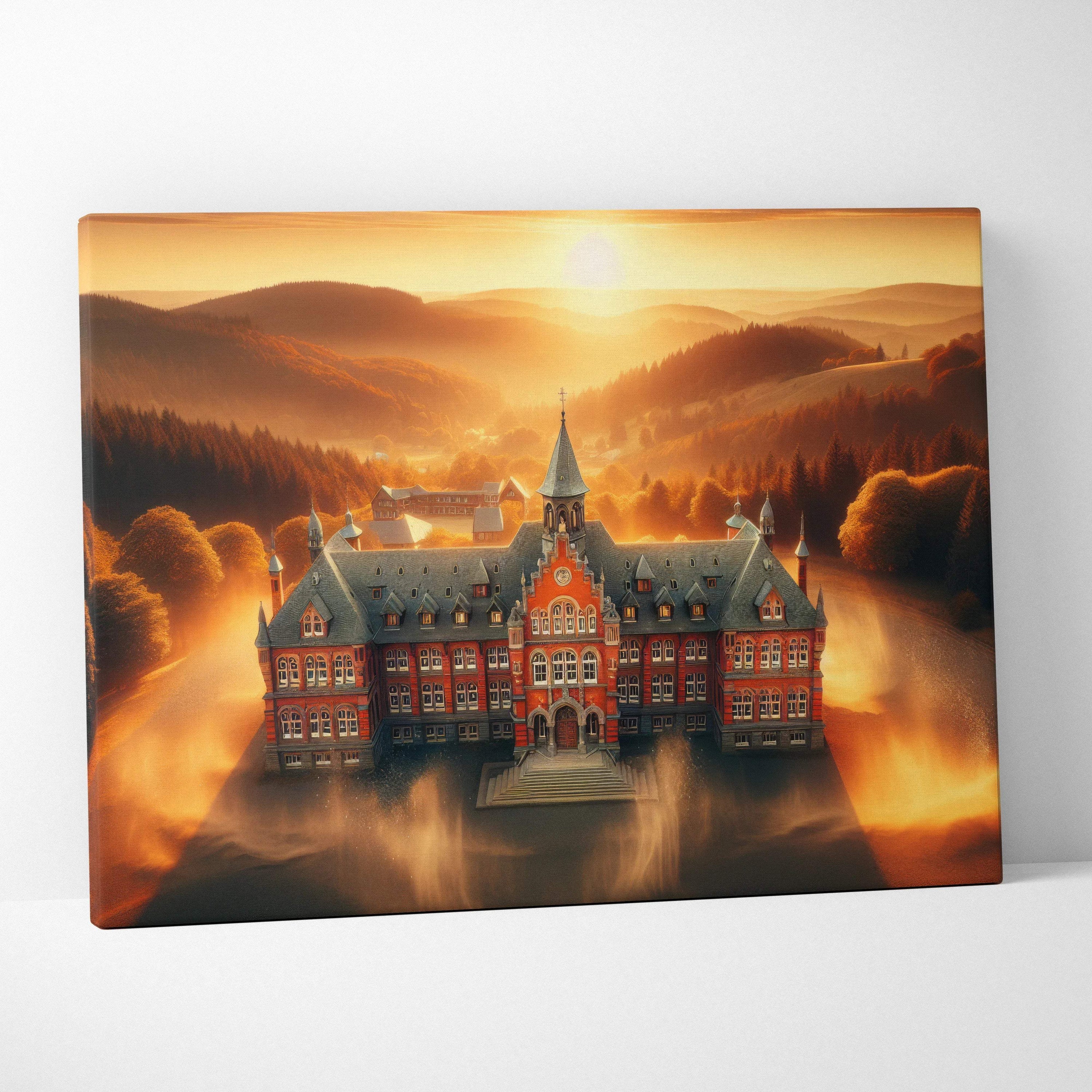 Grand red brick manor at sunset with swirling golden light in autumn misty valley canvas art