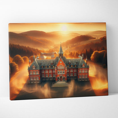 Grand red brick manor at sunset with swirling golden light in autumn misty valley canvas art