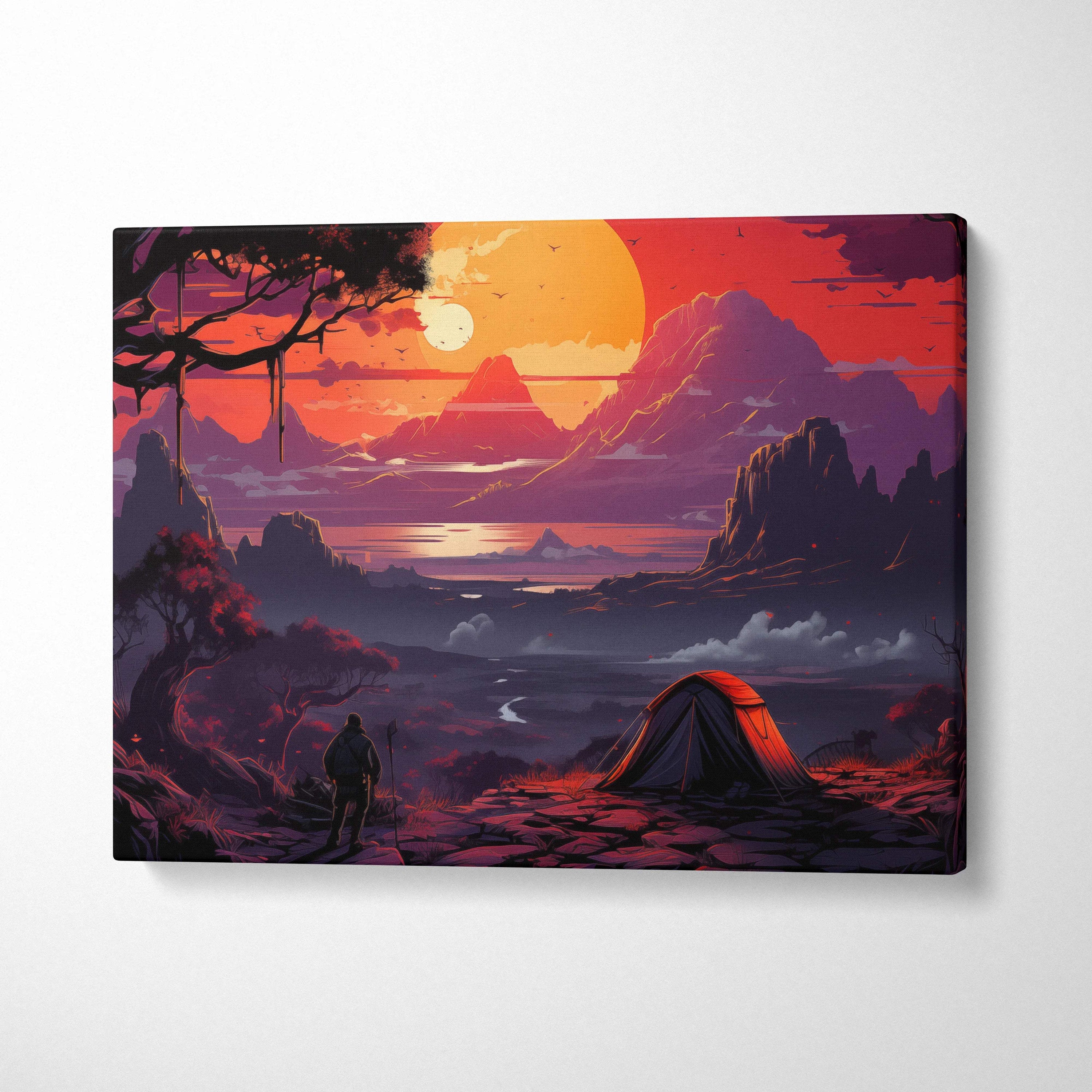 Surreal lone camper tent beneath twisted trees at crimson sunset mountain canvas