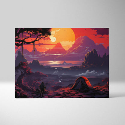 Surreal lone camper under twisted trees at crimson sunset mountain valley canvas
