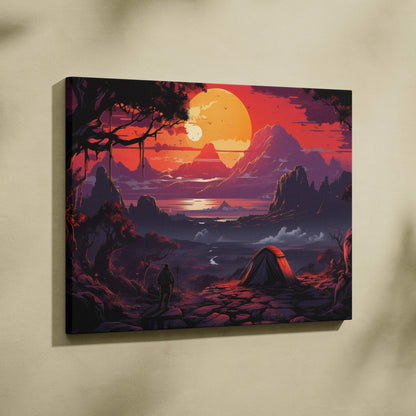 Surreal lone camper under twisted trees at crimson sunset mountain valley canvas
